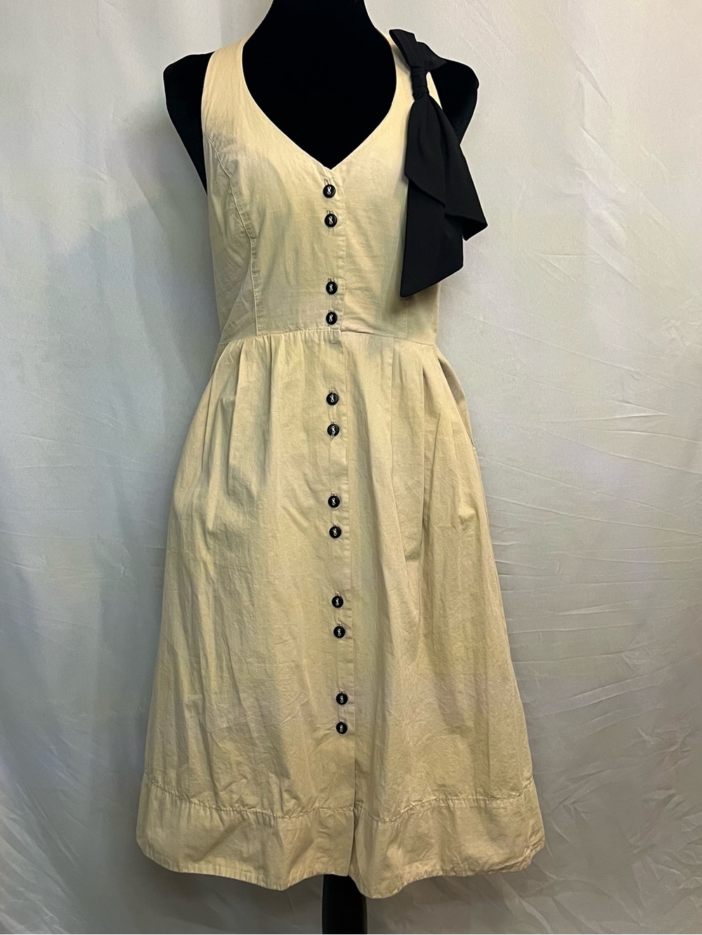 Sure Lock Dress Sleeveless Cream Button-Front Dress with Black Shoulder Tie